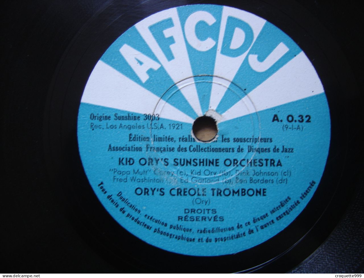 Disque 78 Tours 25 Cm KID ORY's Sunshine Orchestra A.O.32 AFCDJ SOCIETY BLUES CREOLE TROMBONE - 78 T - Grammofoonplaten