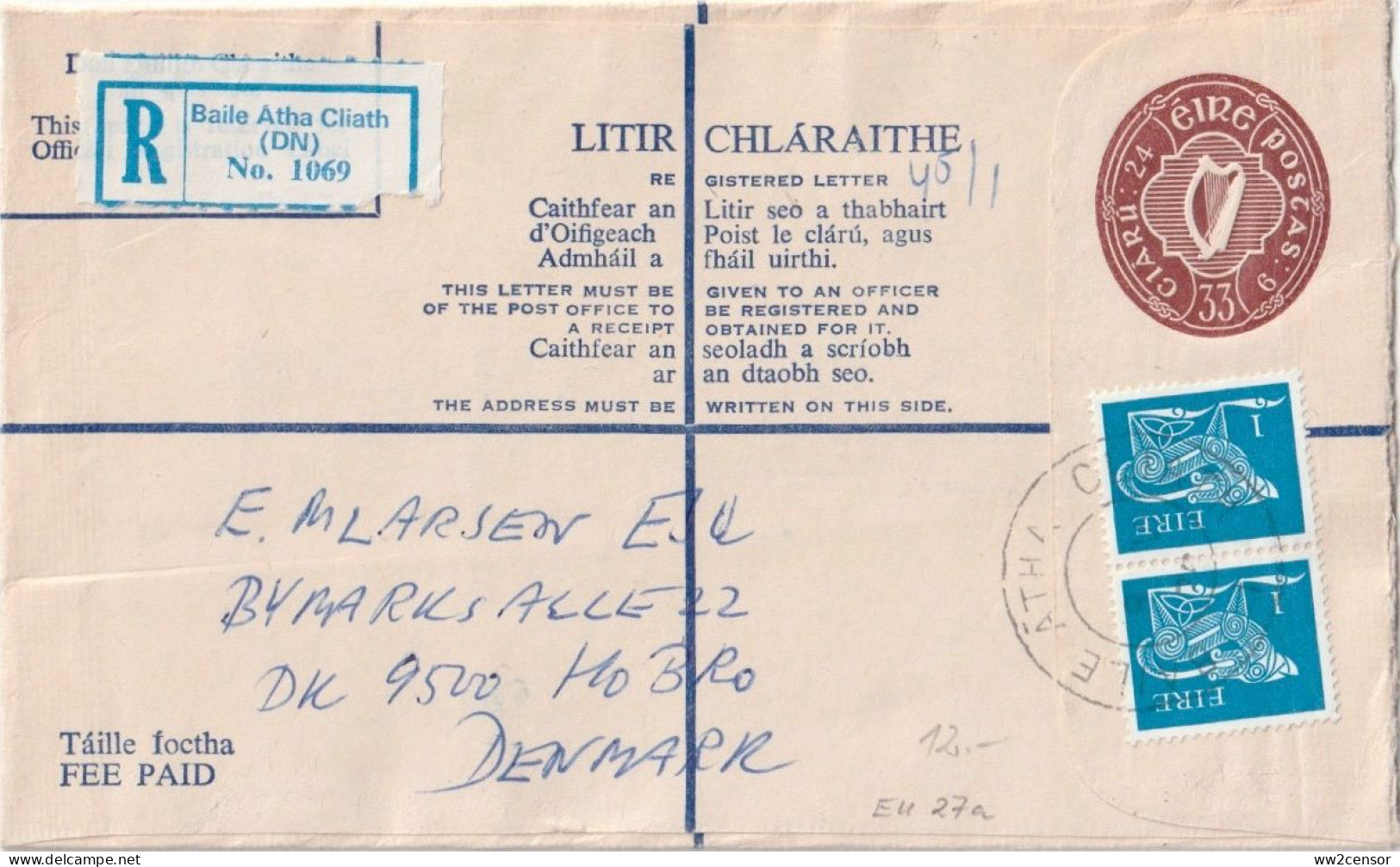 1976 Reg Envelope G-size 33p Uprated With 2p In Gerl Stamps In 1976 Dublin - Denmark - Correct Rate - Interi Postali