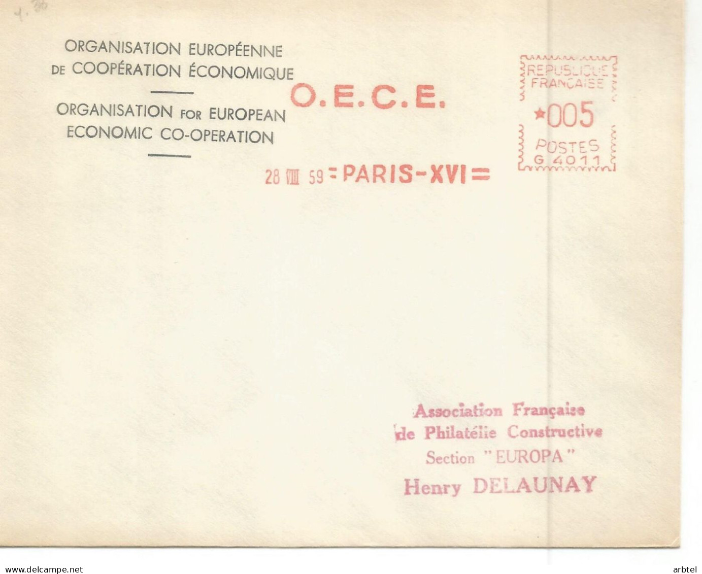 FRANCIA PARIS 1959 FRANQUEO MECANICO METER OECE COOPERACION EUROPA - Institutions Européennes