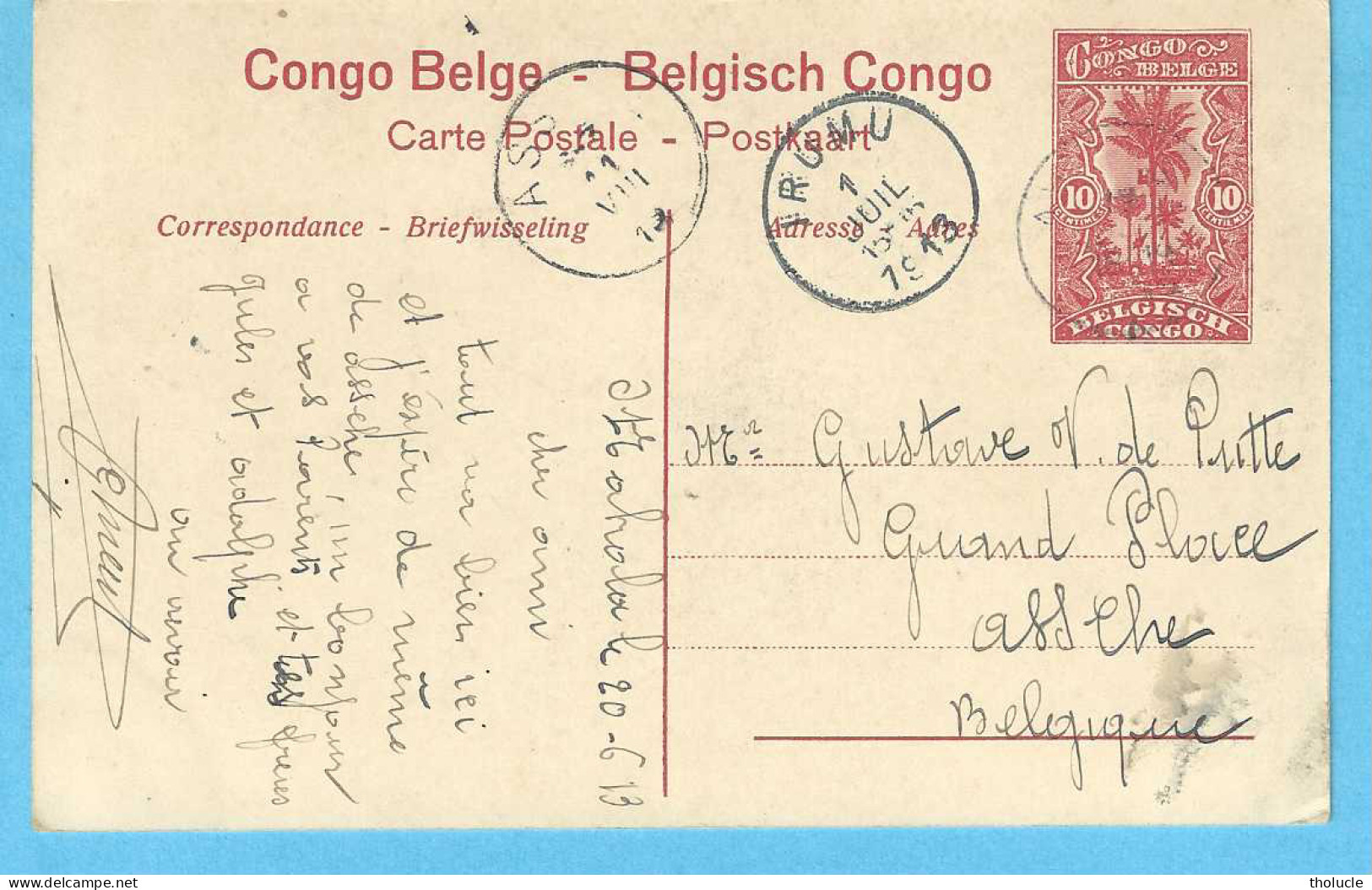 Belgisch Congo Belge-Entier Postal Illustré 10c-1913-Prauwen-Pirogues Sur L'Uele-Cachet-IRUMU-AVAKUBI-1913" - Interi Postali