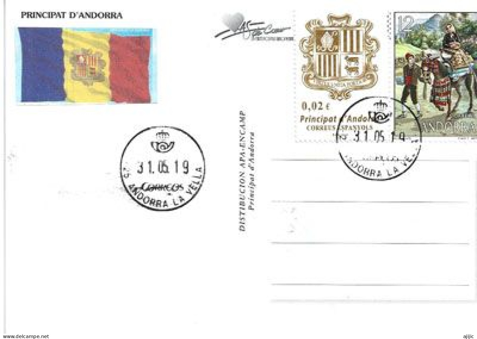 Pareja De Recién Casados ​​andorranos A Caballo (sello) En Una Postal Nevada De Andorra - Lettres & Documents