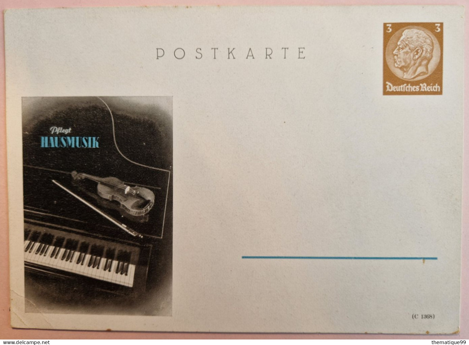 Entier Postal Allemand Timbré Sur Commande Illustré Piano Et Violon, Archet, Pflegt Hausmusik - Musik