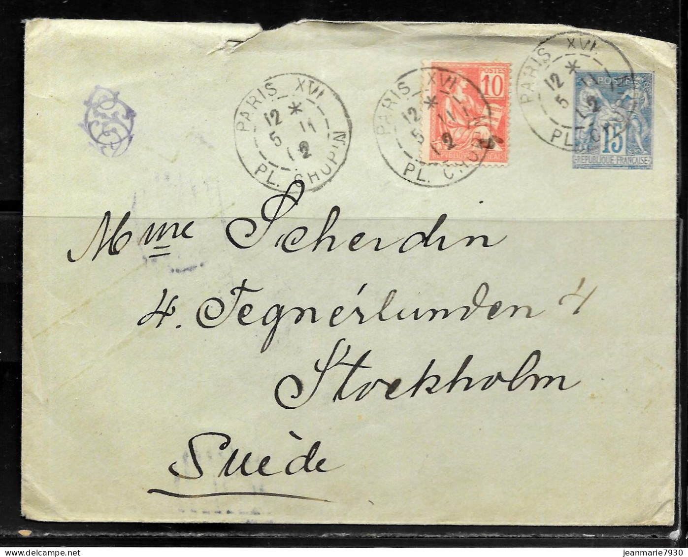 1E44 - ENTIER SAGE 15c + MOUCHON 10c SUR LETTRE DE PARIS DU 02/11/12 POUR LA SUEDE - Enveloppes Repiquages (avant 1995)