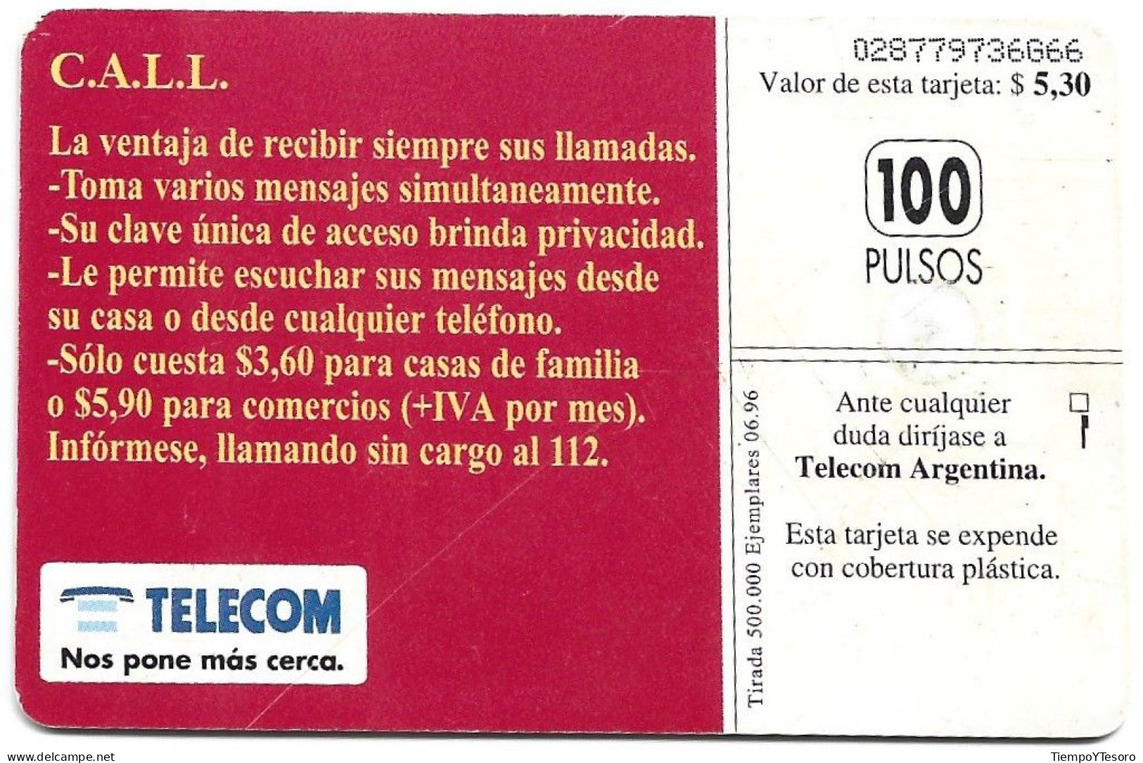 Phonecard - Argentina, C.A.LL. 1, Telecom, N°1080 - Argentinië