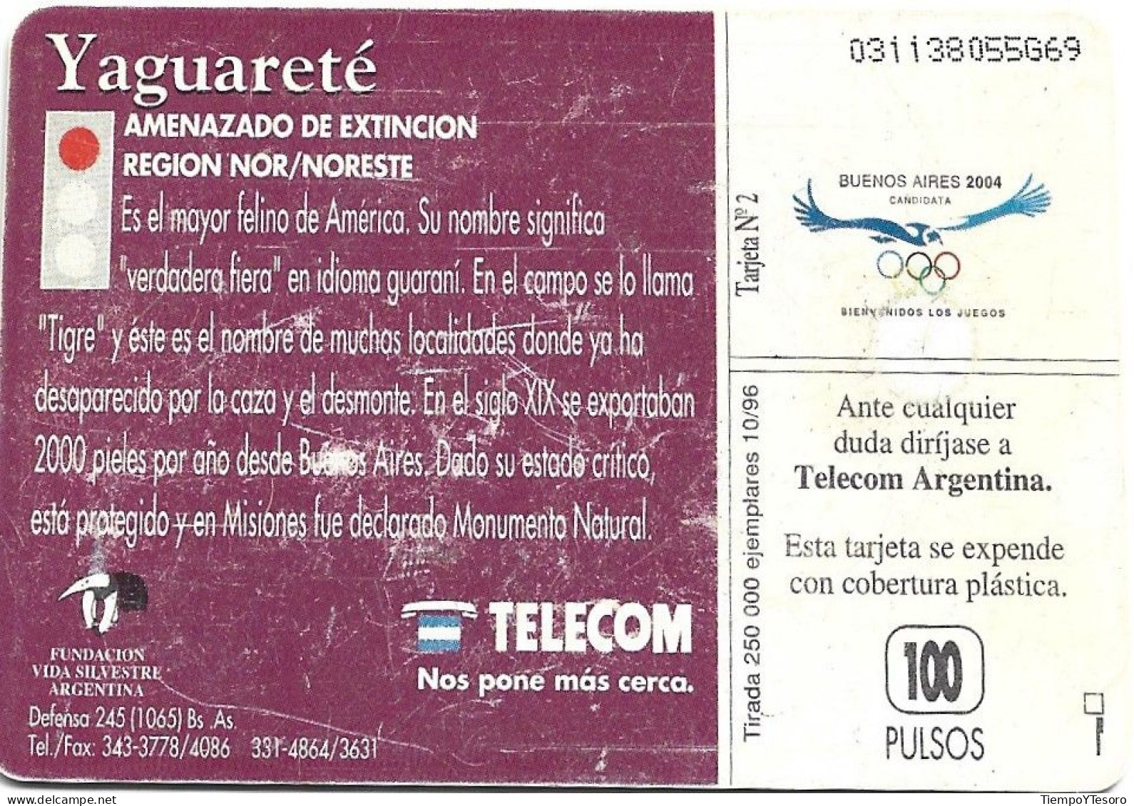 Phonecard - Argentina, Yaguareté, Telecom, N°1087 - Argentinië