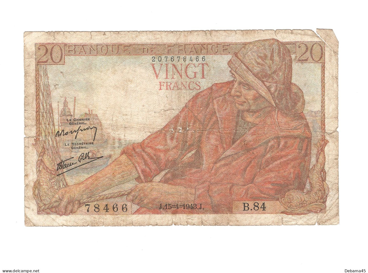 ALB/ France : 20 Francs PECHEUR - 15/04/1943 - Nombreux Trous D'épingle, Petites Déchirures Sur Le Pourtour - 20 F 1942-1950 ''Pêcheur''