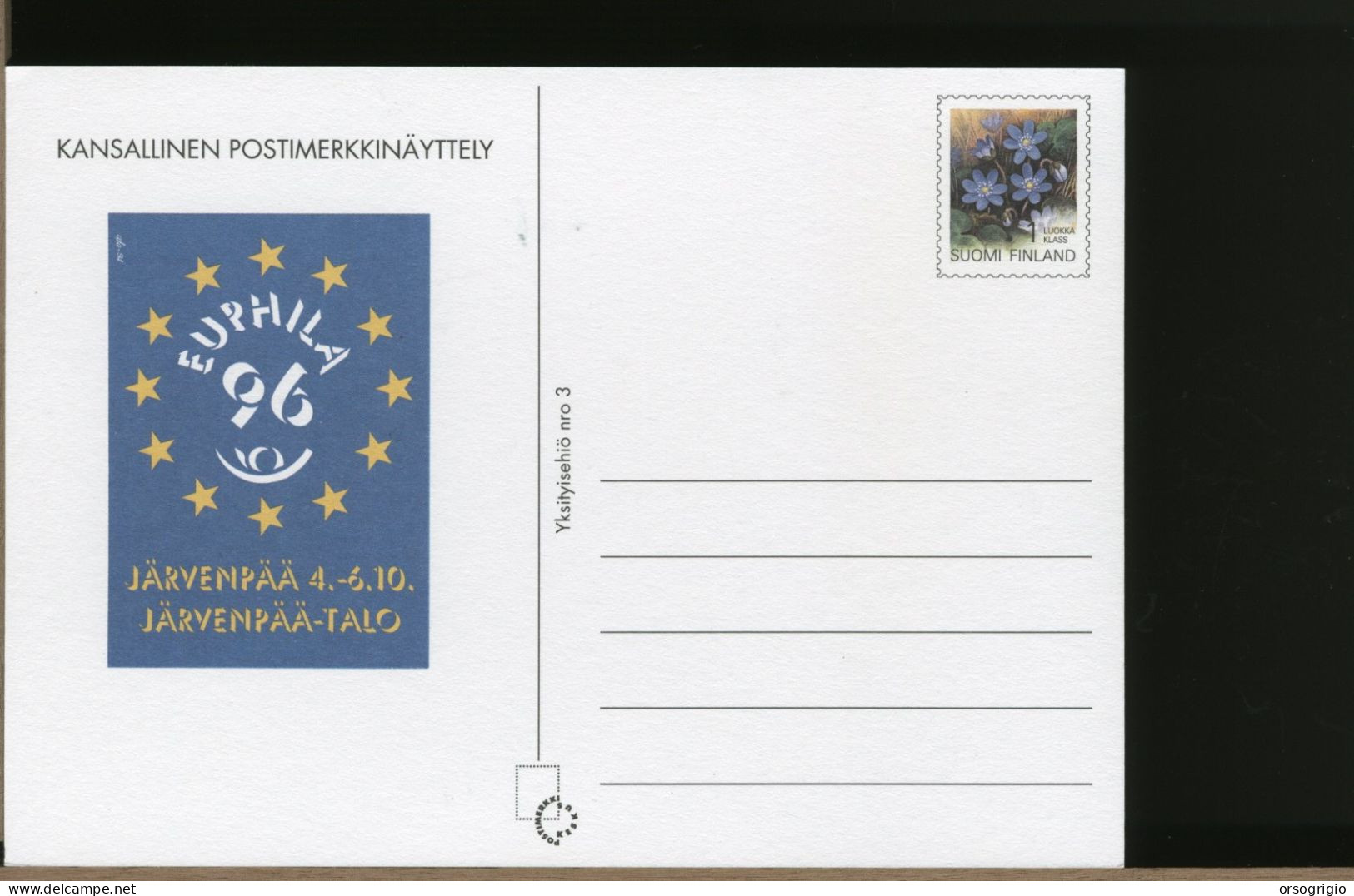 SUOMI FINLAND - CARTOLINA INTERO POSTALE  -   POSTKORT   EUPHILA 1996 - Entiers Postaux