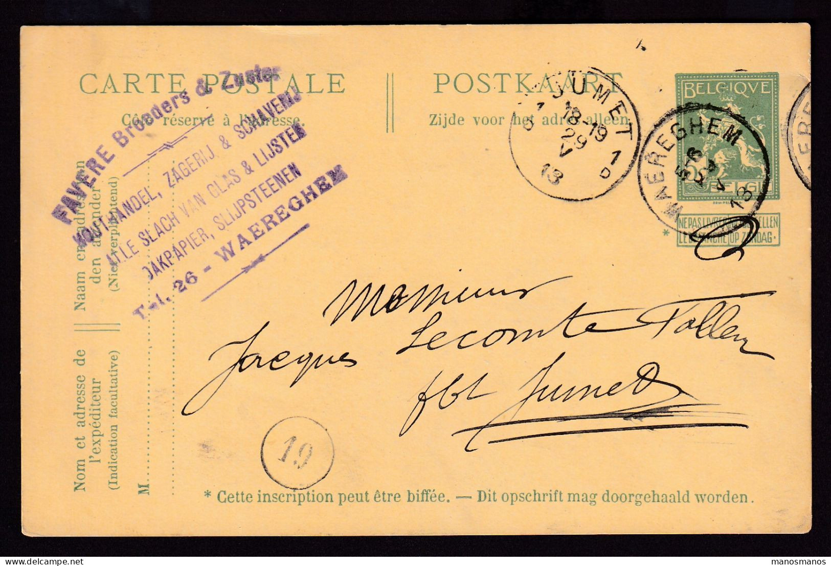 DDFF 617 -  Entier Pellens T2R WAEREGHEM 1913 Vers JUMET - Cachet Privé Favere Broeders, Houthandel, Zagerij, ... - Postcards 1909-1934
