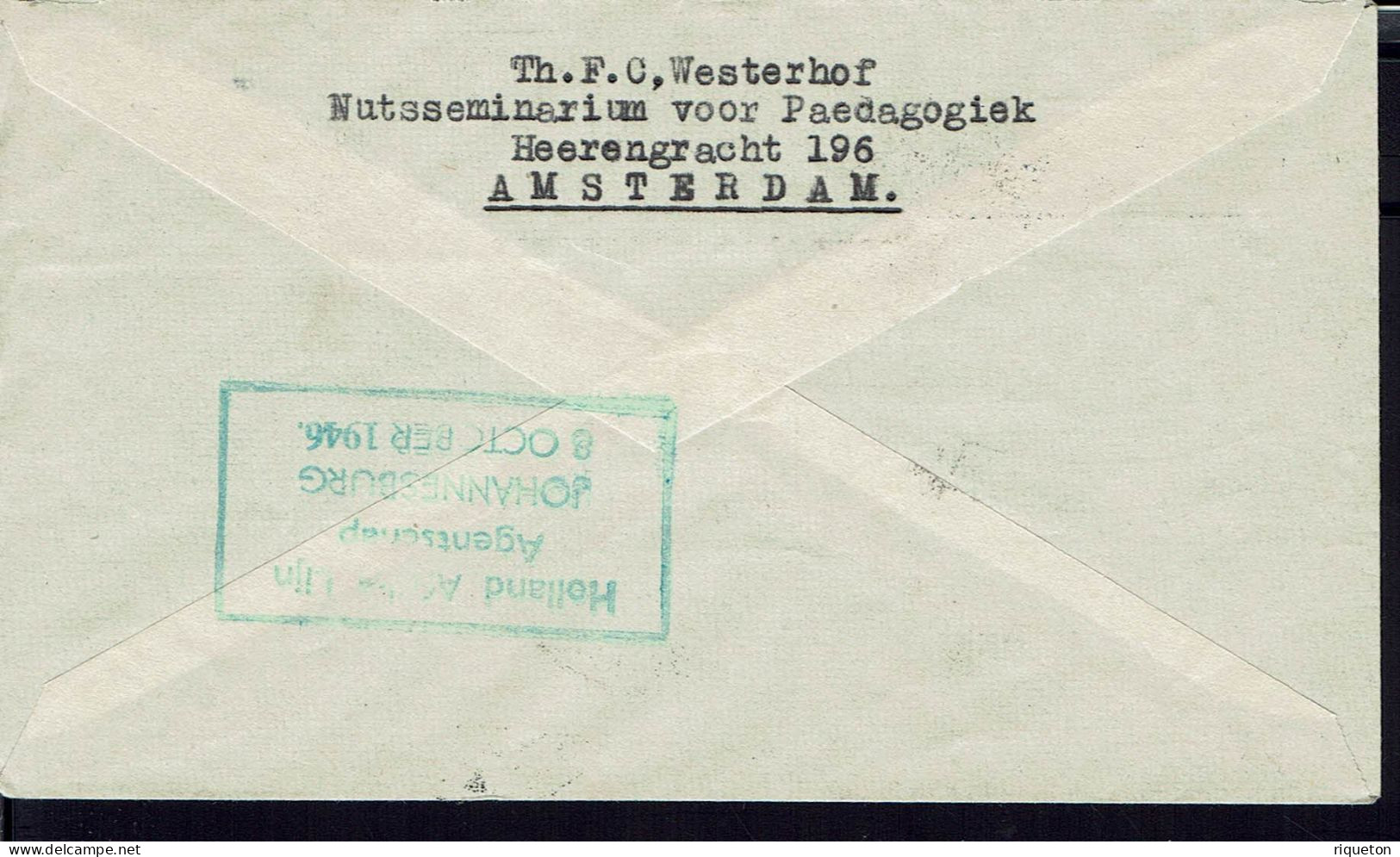 Pays-Bas. K.L.M. Amsterdam 6 Octobre 1946 Nederland-Zuid-Africa. Enveloppe Pour Johannesburg. B/TB. - Poste Aérienne