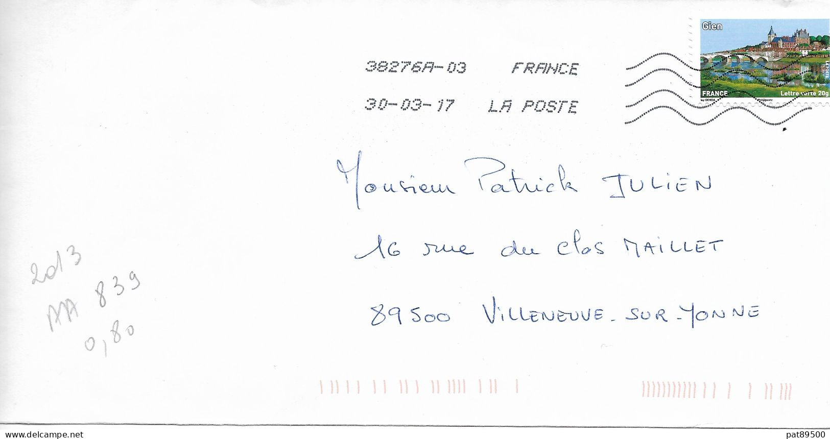 France 2013 - AA 839 - OBLITERE S/ Enveloppe 03/2017  : Au Profit De La Croix Rouge = GIEN - Briefe U. Dokumente