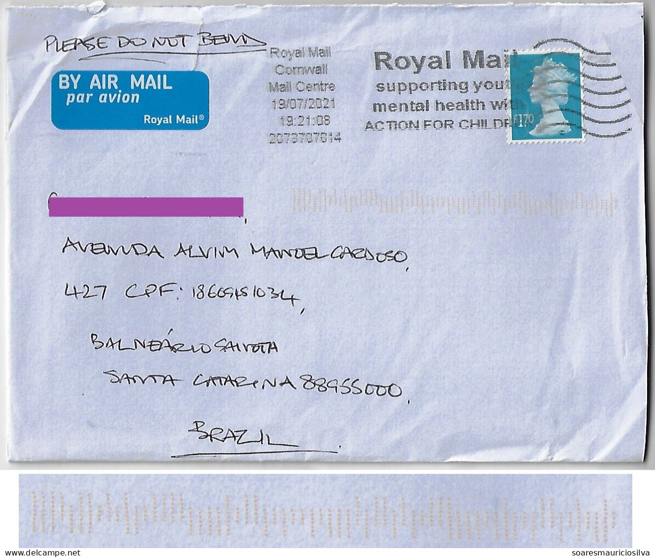 Great Britain 2021 Cover Cornwall Brazil Cancel Royal Mail Supporting Your Mental Health With Action For Children Machin - Zonder Classificatie