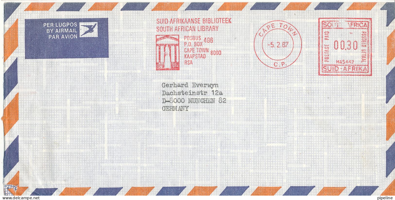 South Africa Air Mail Cover Sent To Germany Meter Cancel Cape Town South African Library 5-2-1987 - Poste Aérienne