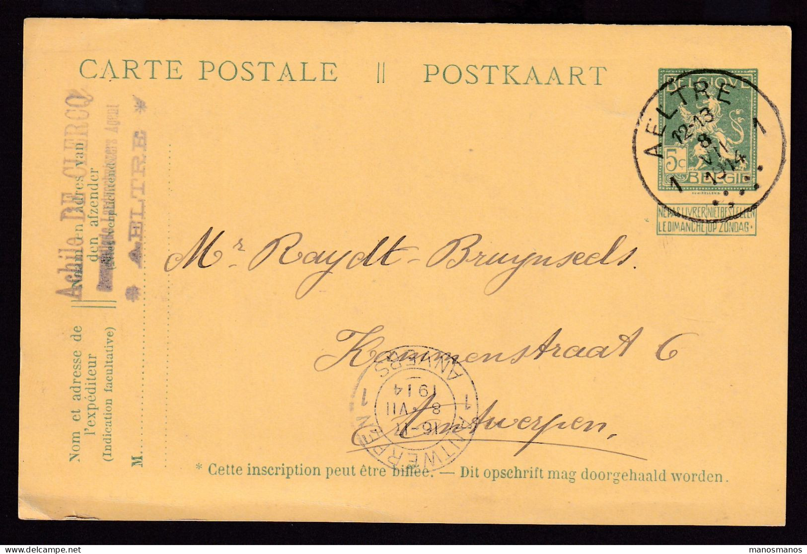 DDFF 620 -  Entier Pellens T4R AELTRE 1  En 1914 Vers Anvers - Cachet Privé Achille De Clercq, Agent Landverhuizers - Postcards 1909-1934