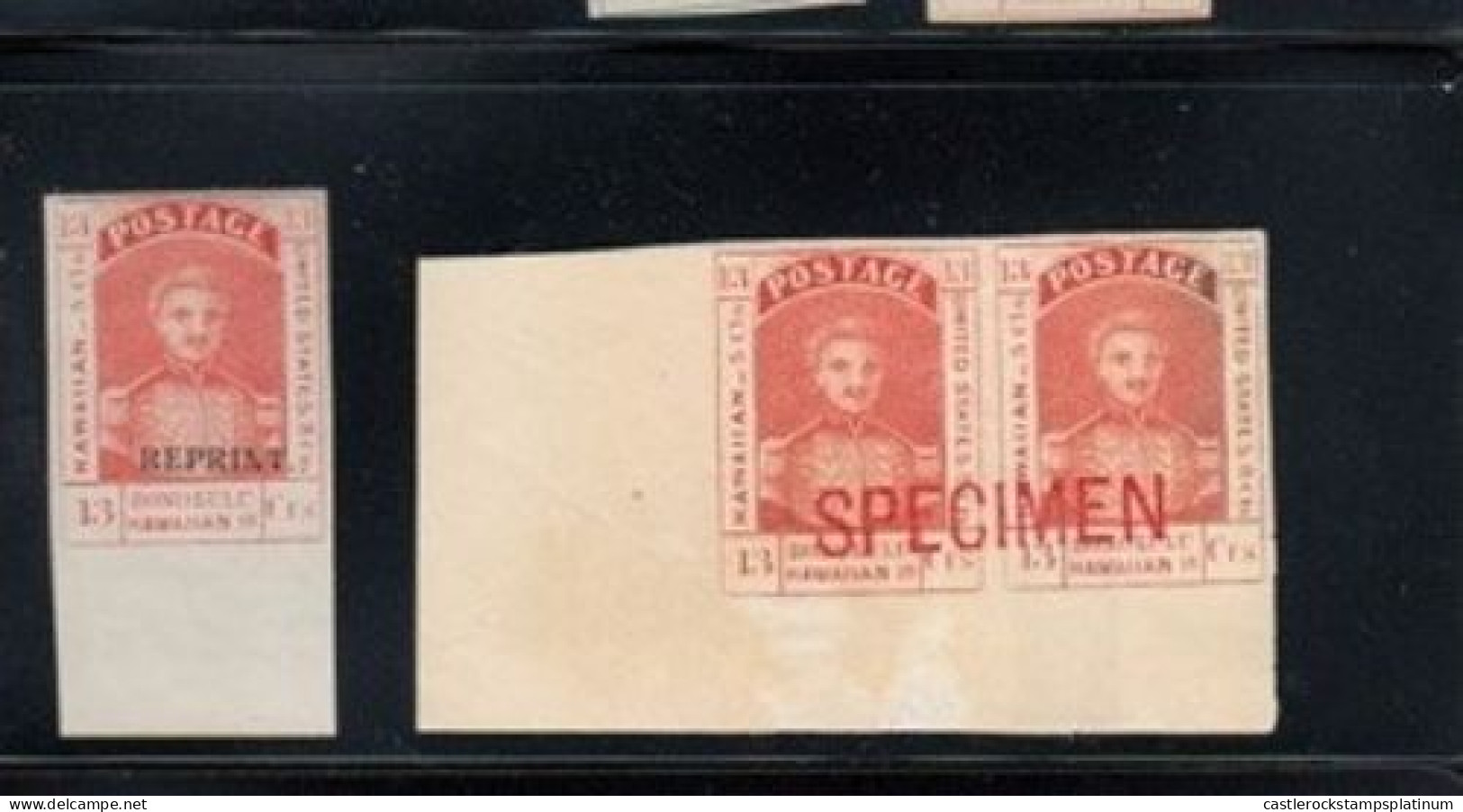 O) 1868  HAWAII -  UNITED STATES,  KING KAMEHAMEHA III, 13c  Dull Rose REPRINT OVERPRINT IN BLACK, , 13c SPECIMEN LONG C - Hawaii