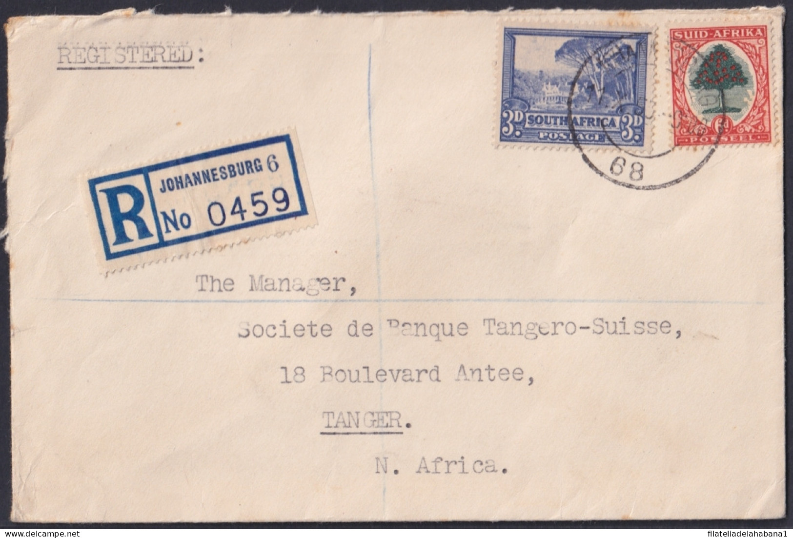 F-EX48618 SOUTH AFRICA 1950 REGISTERED COVER TO TANGER. GREAT RED SEALLED.  - Autres - Afrique