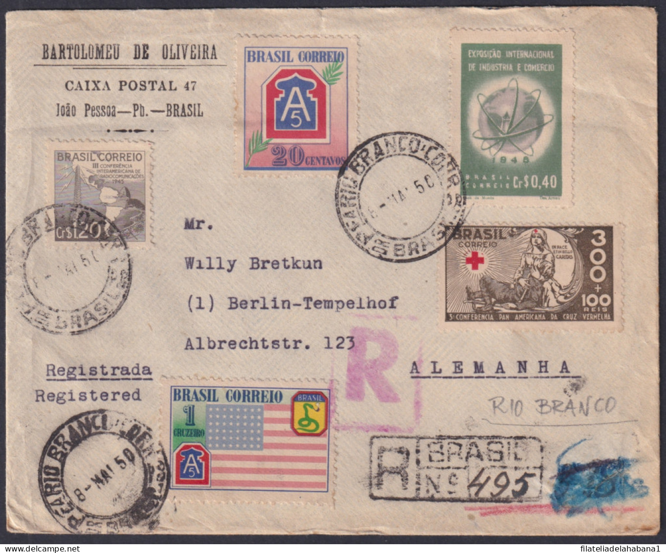 F-EX48639 BRAZIL BRASIL 1956 REGISTERED AIR MAIL RIO BLANCO COVER TO GERMANY.  - Lettres & Documents