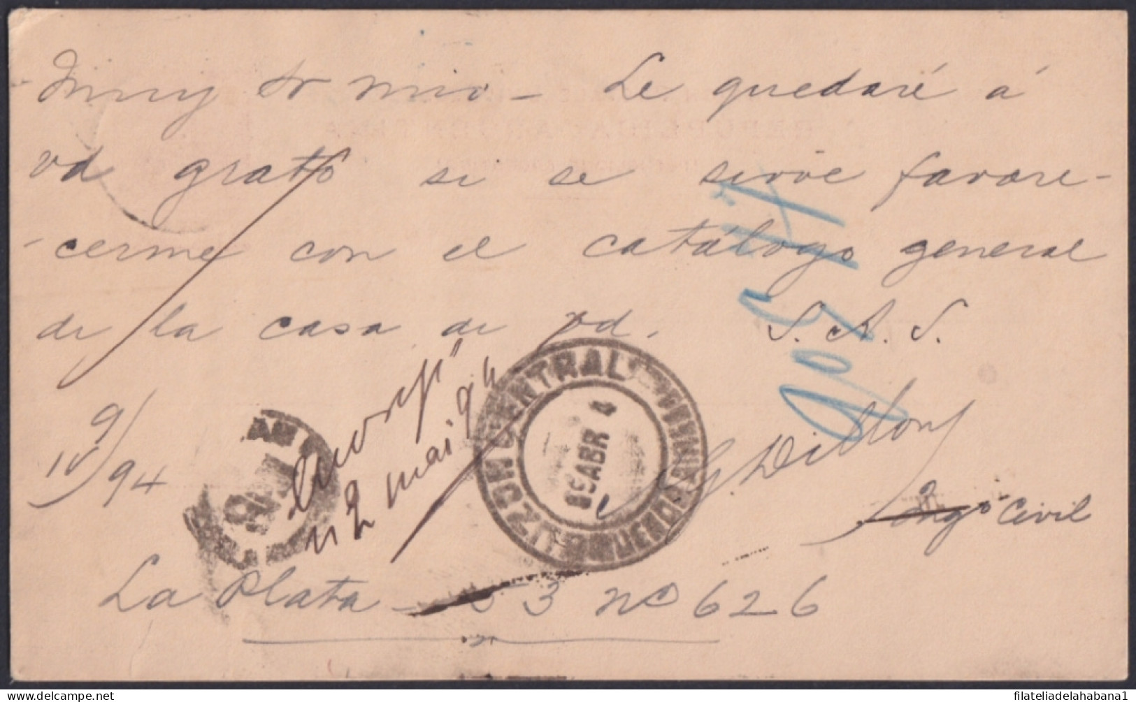 F-EX48665 ARGENTINA 1894 6c POSTAL STATIONERY TO FRANCE.  - Brieven En Documenten