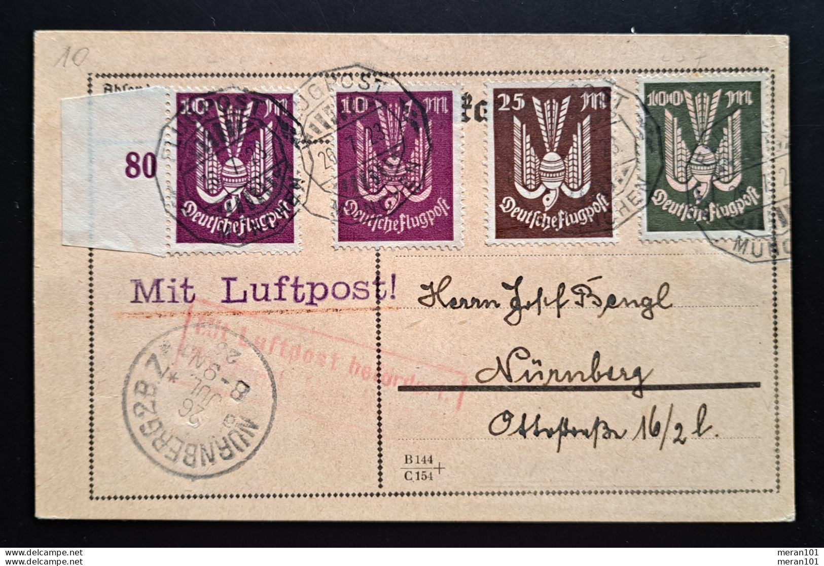 Deutschland Luftpost1923, Postkarte MÜNCHEN Gelaufen NÜRNBERG, MiF Holztaube - Poste Aérienne & Zeppelin