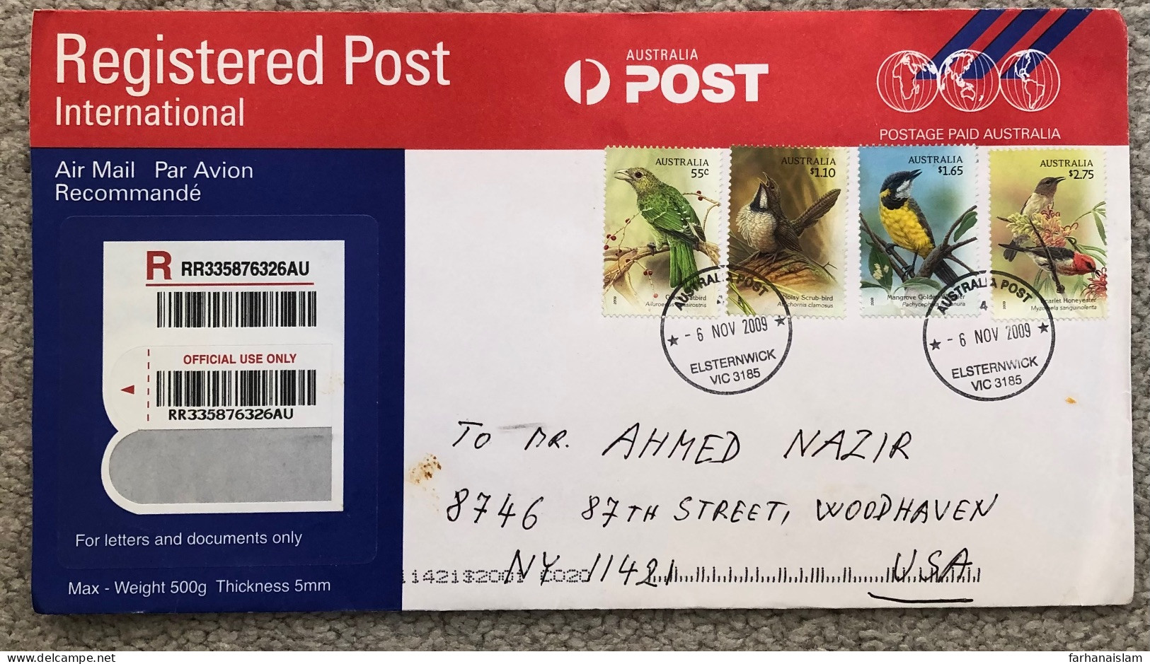 Australia 2009 Registered Cover To USA Birds Bird Vogel - Storia Postale