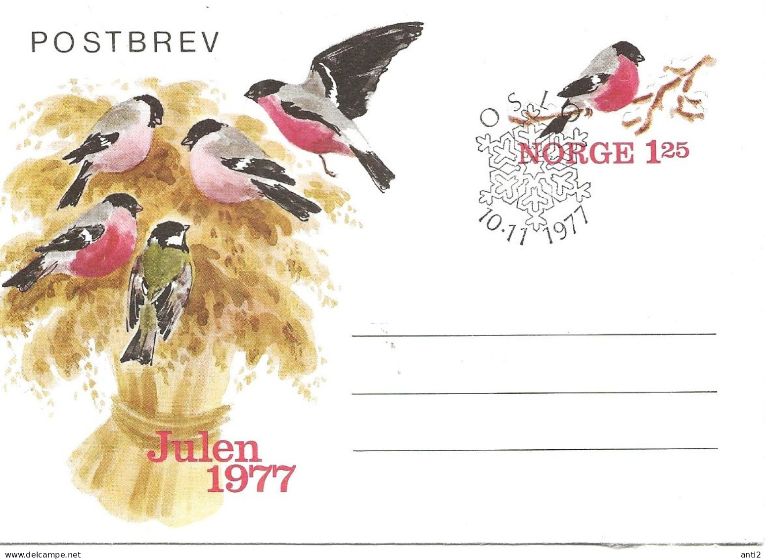 Norway 1977 Post Letter Imprinted Stamp For Christmas 1977, Bird, Eurasian Bullfinch, , Cancelled 10.11  FDC - Brieven En Documenten