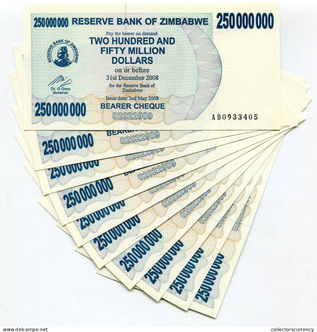 Zimbabwe 250 Million Dollars 2008 AB Bearer Check Money X 10 Piece Lot - P59 - Zimbabwe