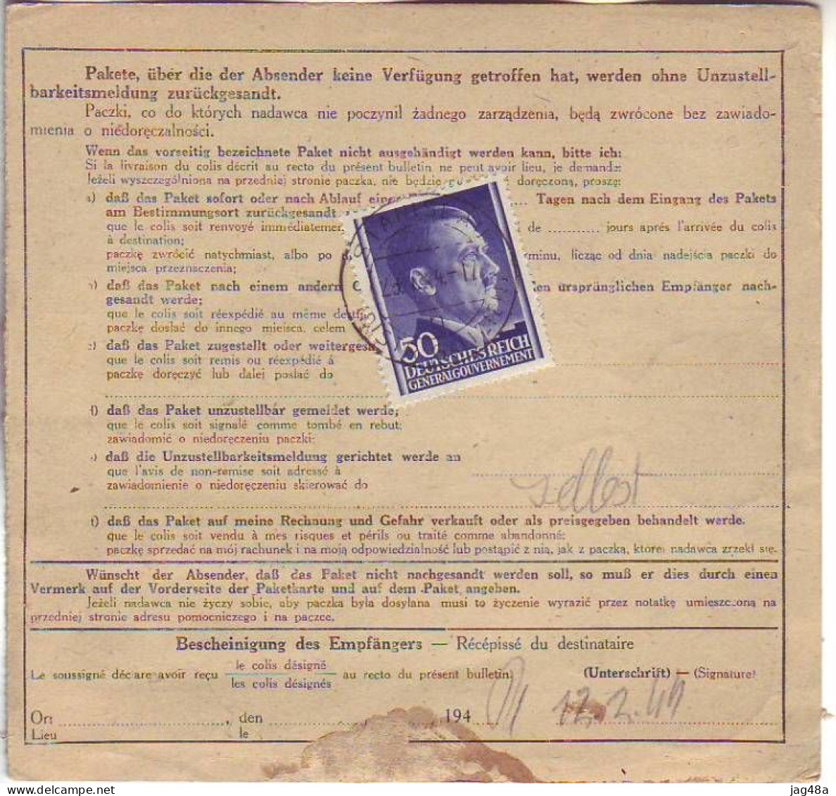 POLAND/at Gen.Government.   1944/Stanislau, Mixed Franking Packet Recepit. - Gobierno General
