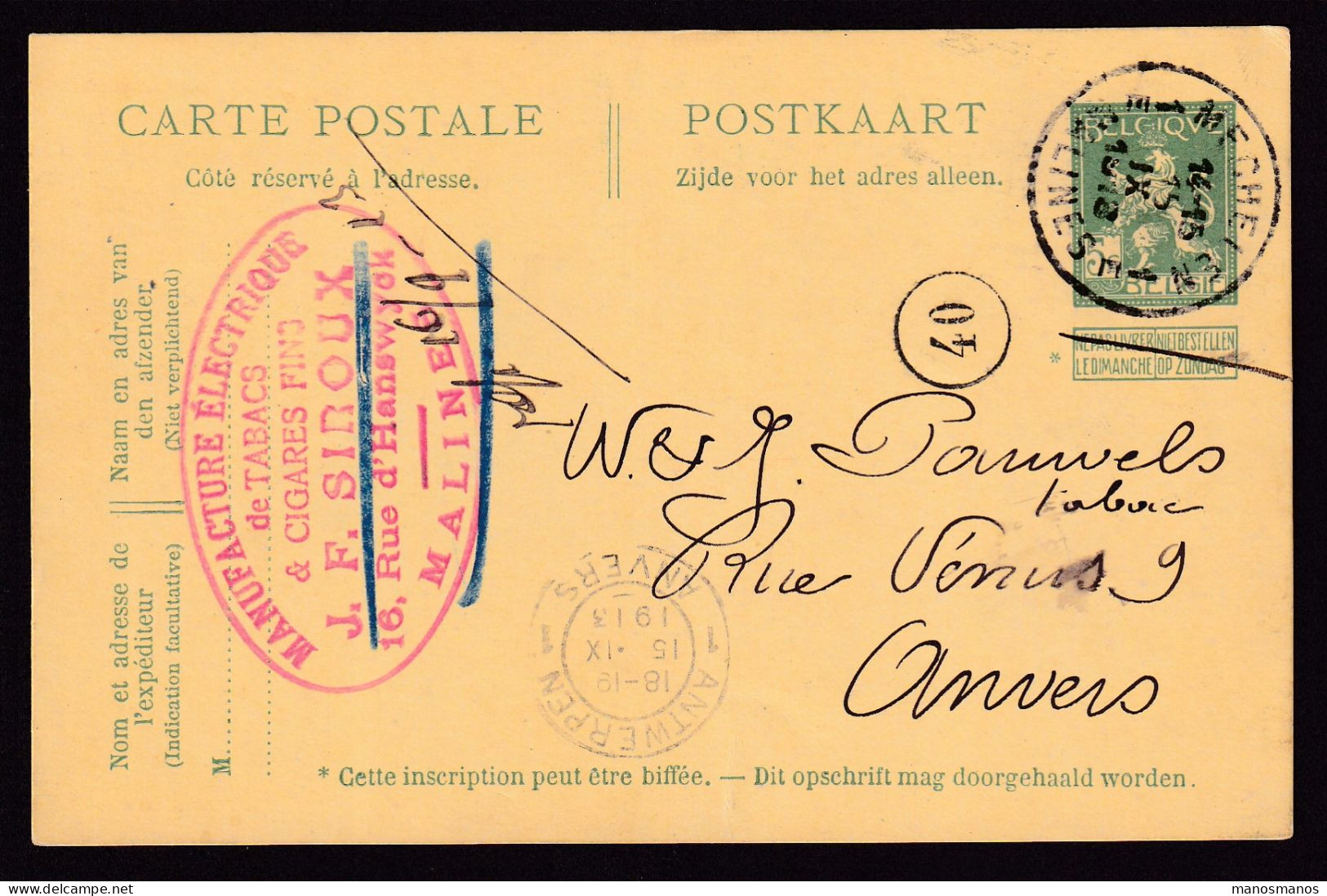 DDFF 627 -  Entier Pellens T4R MECHELEN 1913 Vers Antwerpen - Cachet Privé Siroux, Manufacture De Tabacs Et Cigares Fins - Postcards 1909-1934