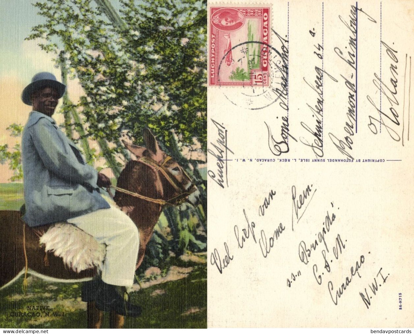 Curacao, N.W.I., Man On Horse Or Donkey (1948) Postcard - Curaçao
