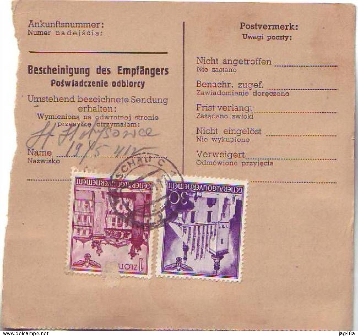 POLAND/at Gen.Government.  1941/Warschau, Mixed-franking Packet Recepit/cash Collection. - Generalregierung