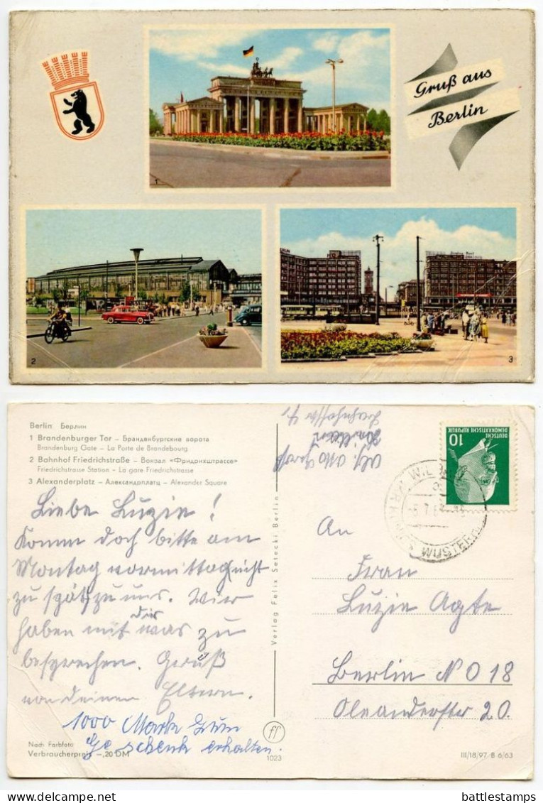 Germany, DDR 1967 Postcard Gruß Aus Berlin - Brandenburger Tor, Bahnhof Friedrichstraße, Alexanderplatz - Porta Di Brandeburgo