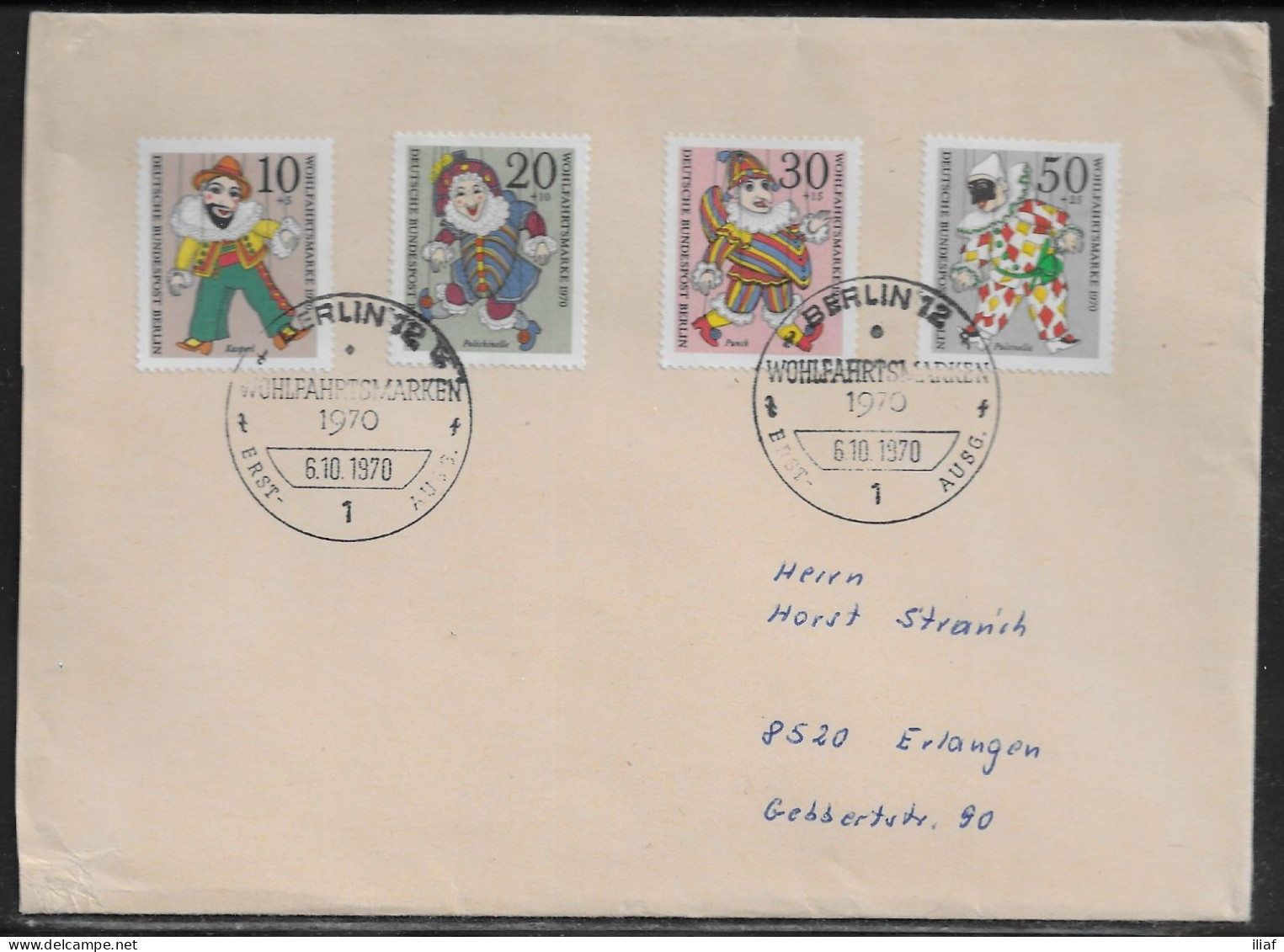 Germany Berlin. FDC Mi. 373-376.   Welfare: Puppets.  FDC Cancellation On Plain Envelope - 1948-1970