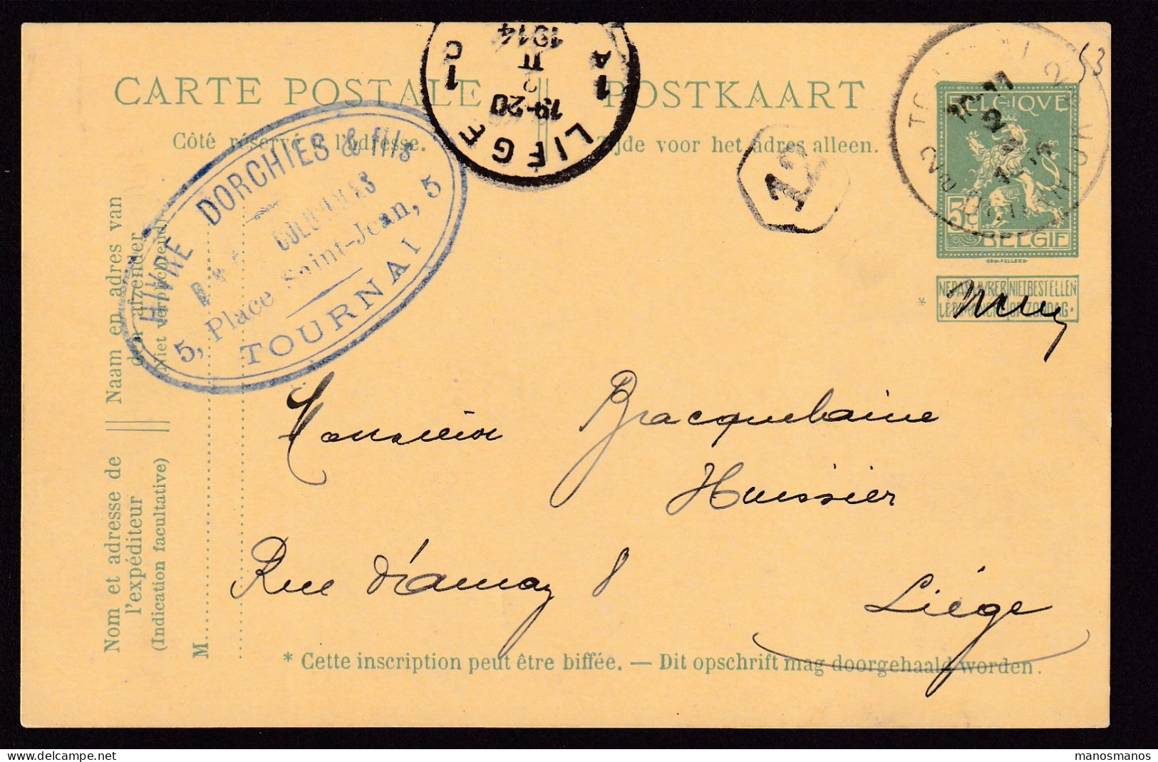 DDFF 633 -  Entier Pellens T4R TOURNAI 1914 Vers LIEGE - Cachet Privé Hivre-Dorchies § Fils - Postcards 1909-1934