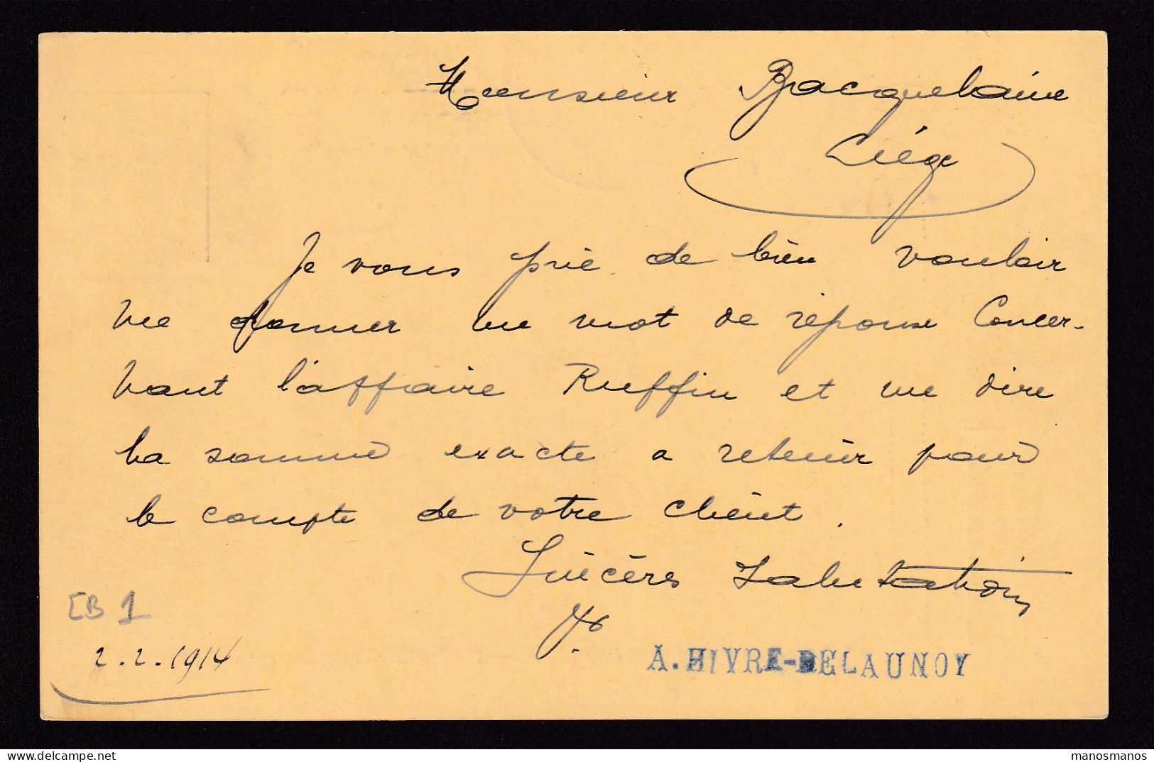 DDFF 633 -  Entier Pellens T4R TOURNAI 1914 Vers LIEGE - Cachet Privé Hivre-Dorchies § Fils - Tarjetas 1909-1934