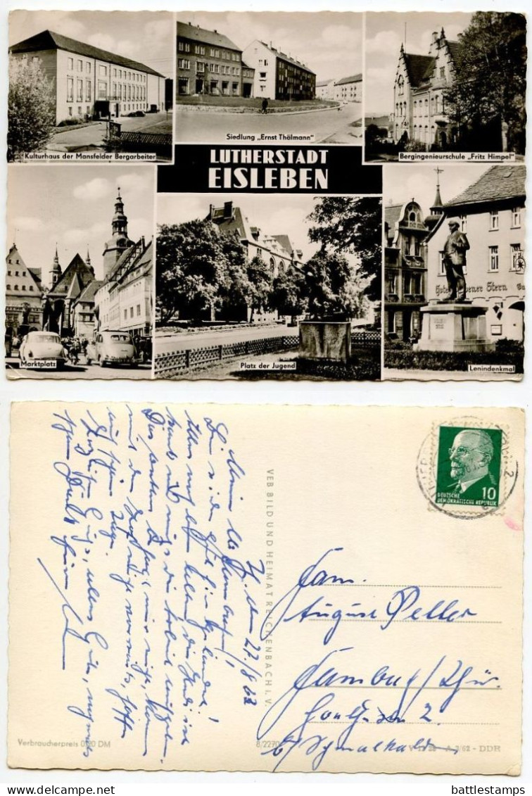 Germany, DDR 1963 RPPC Postcard Lutherstadt Eisleben - Multiple Views; 10pf. Chairman Walter Ulbricht Stamp - Lutherstadt Eisleben