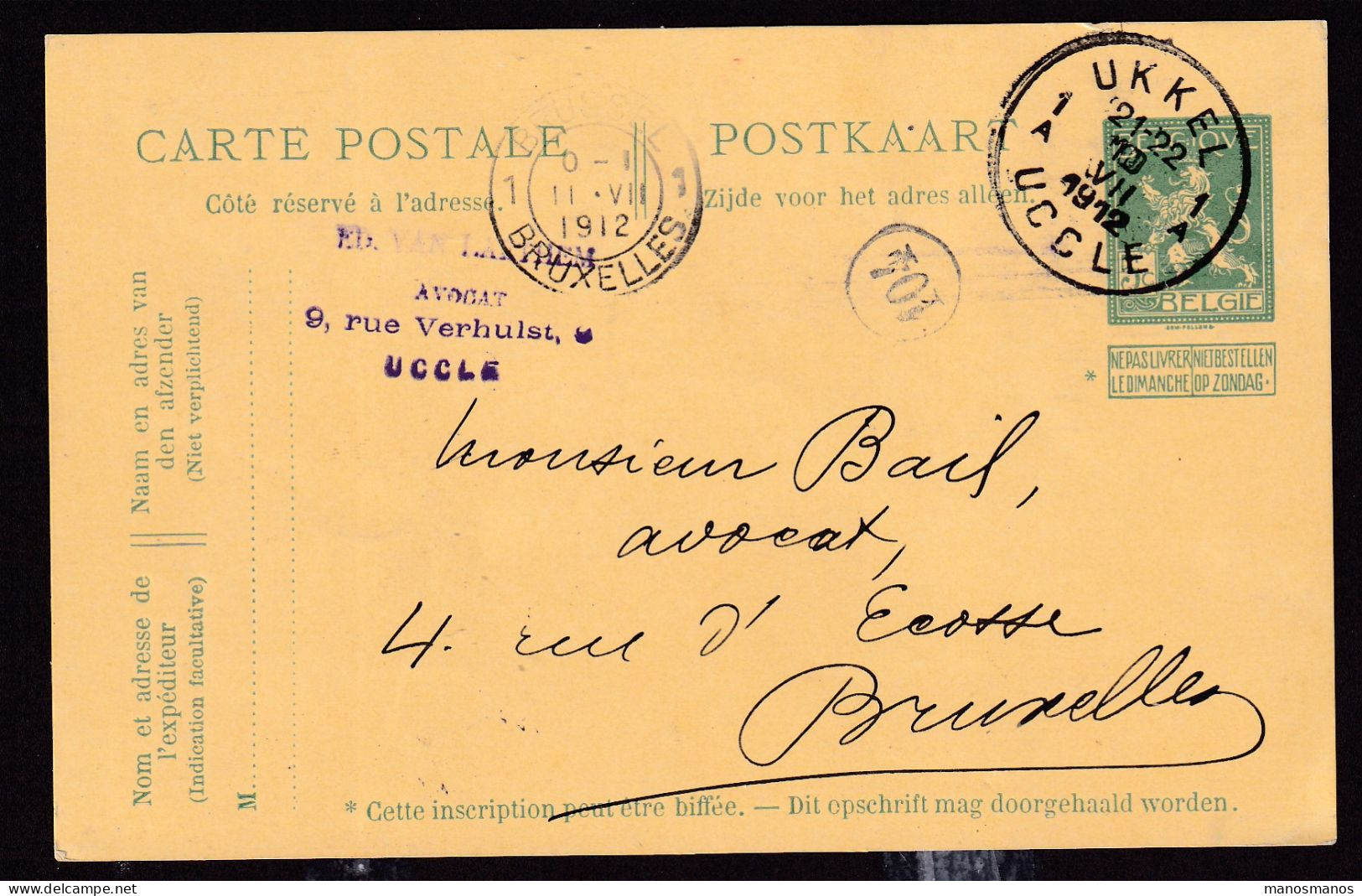 DDFF 634 -  Entier Pellens T4R UCCLE 1 En 1912 Vers BXL - Cachet Privé Avocat Van Laethem - Cartes Postales 1909-1934