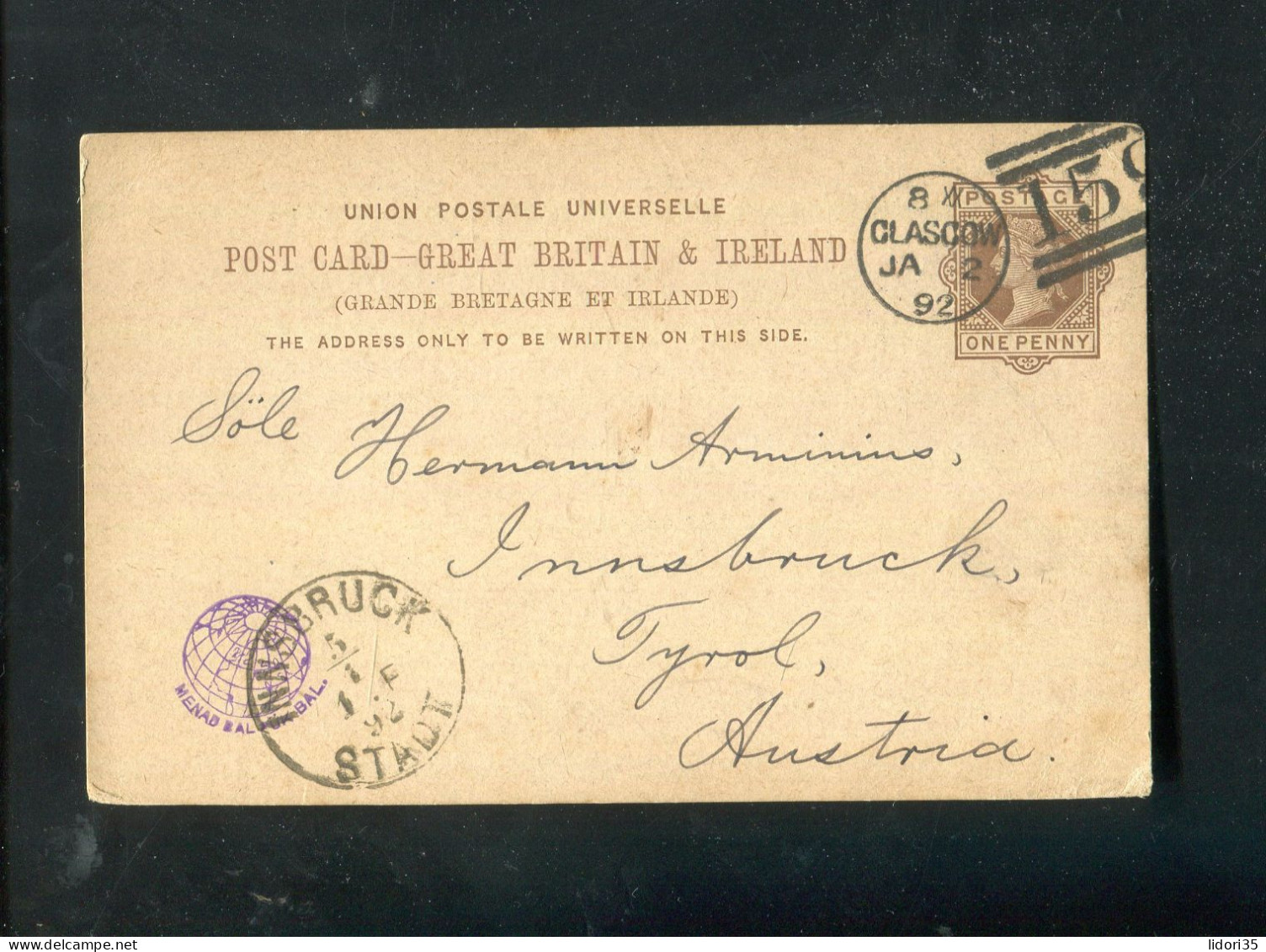 "GROSSBRITANIEN" 1892, Postkarte K1 "GLASGOW", Nummernstempel, Nach Innsbruck (70085) - Covers & Documents