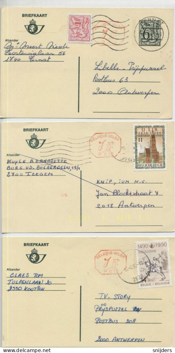 3 Gele Briefkaarten 7 FR Met Bijfrankering - Postcards 1951-..