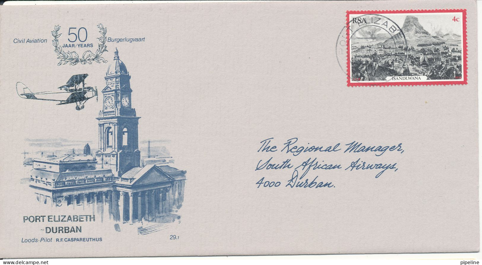 South Africa RSA Flight Cover 50 Years With Civil Aviation Port Elizabeth - Durban 26-8-1979 - Storia Postale