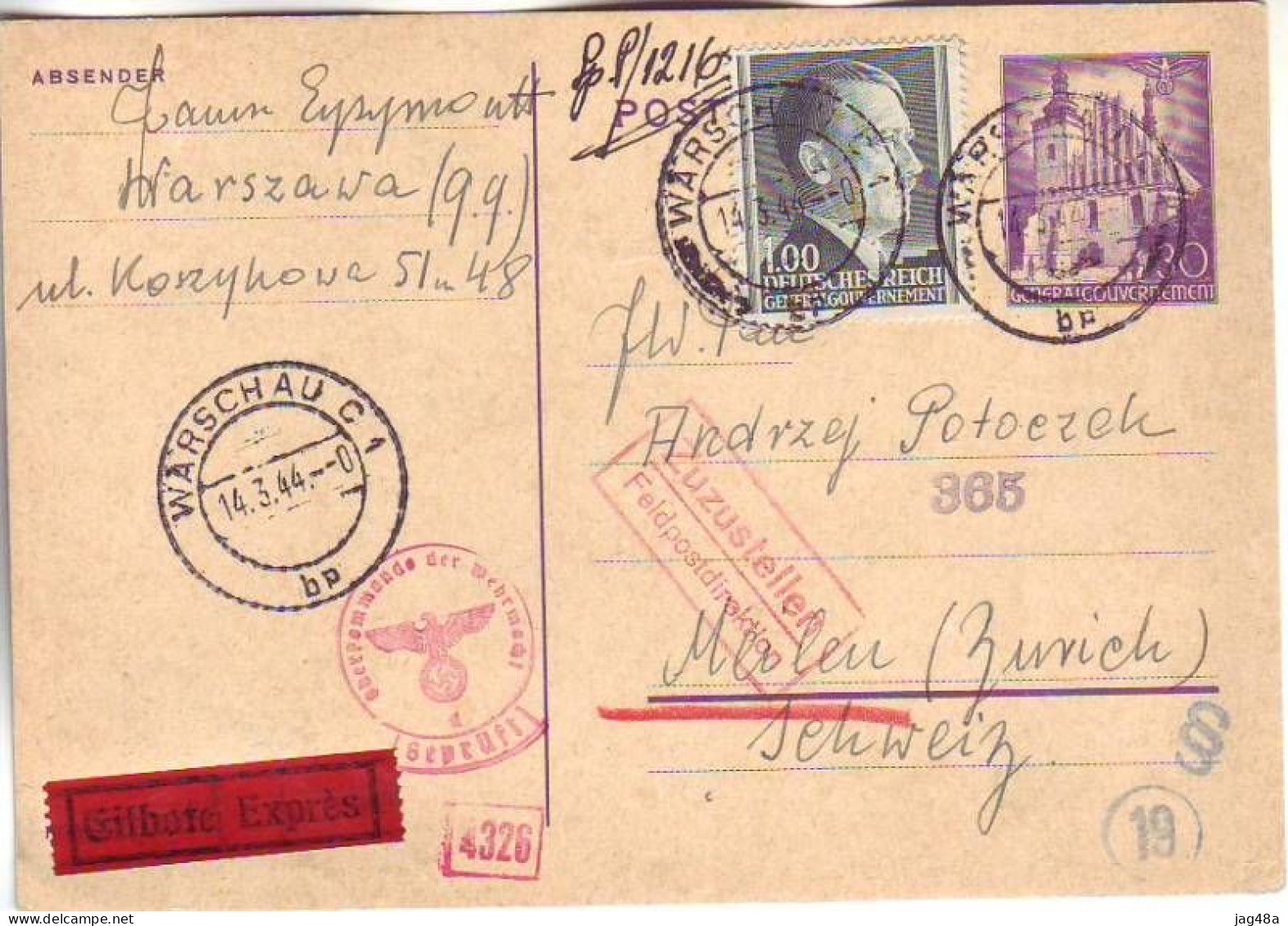POLAND/at Gen.Government. 1944/Warschau, Multi Censored PS Card/conspiracy Address In Meilen/Switzerland. - General Government