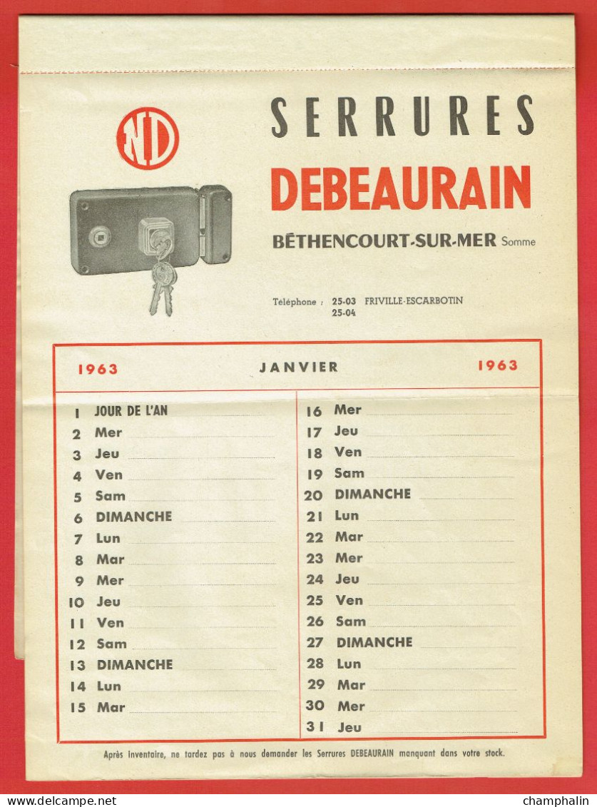 Calendrier Année 1963 - Serrures Debeaurain à Béthencourt-sur-Mer (800) - Quincailleries Serrures Fermetures - Big : 1961-70