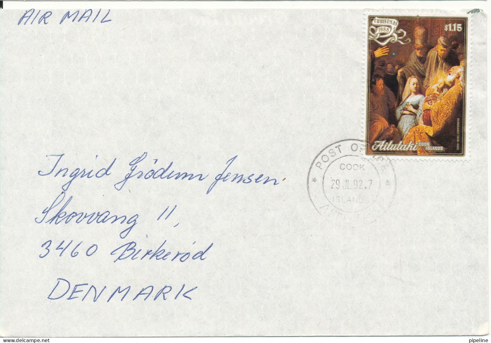 Aititaki Cover Sent To Denmark 29-7-1992 Single Franked (the Flap On The Backside Of The Cover Is Missing) - Aitutaki
