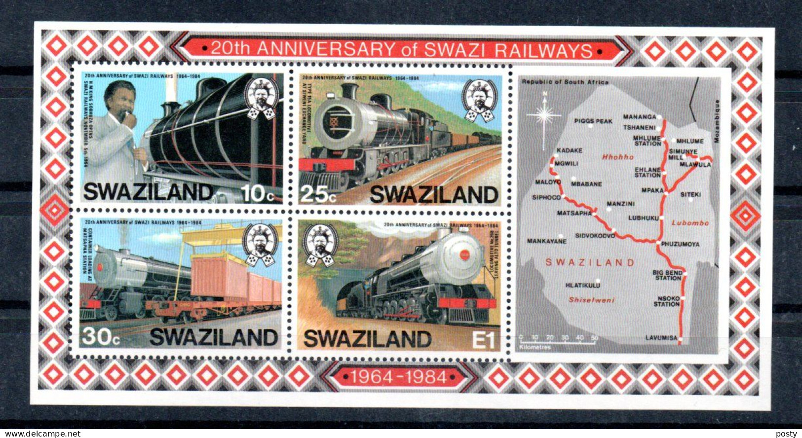 SWAZILAND - 1984 - M/S - B/F - TRAINS - RAILROADS - EISENBAHN - NETWORK - RESEAU - FAHRPLAN - 20éme ANNIVERSAIRE - - Swaziland (1968-...)