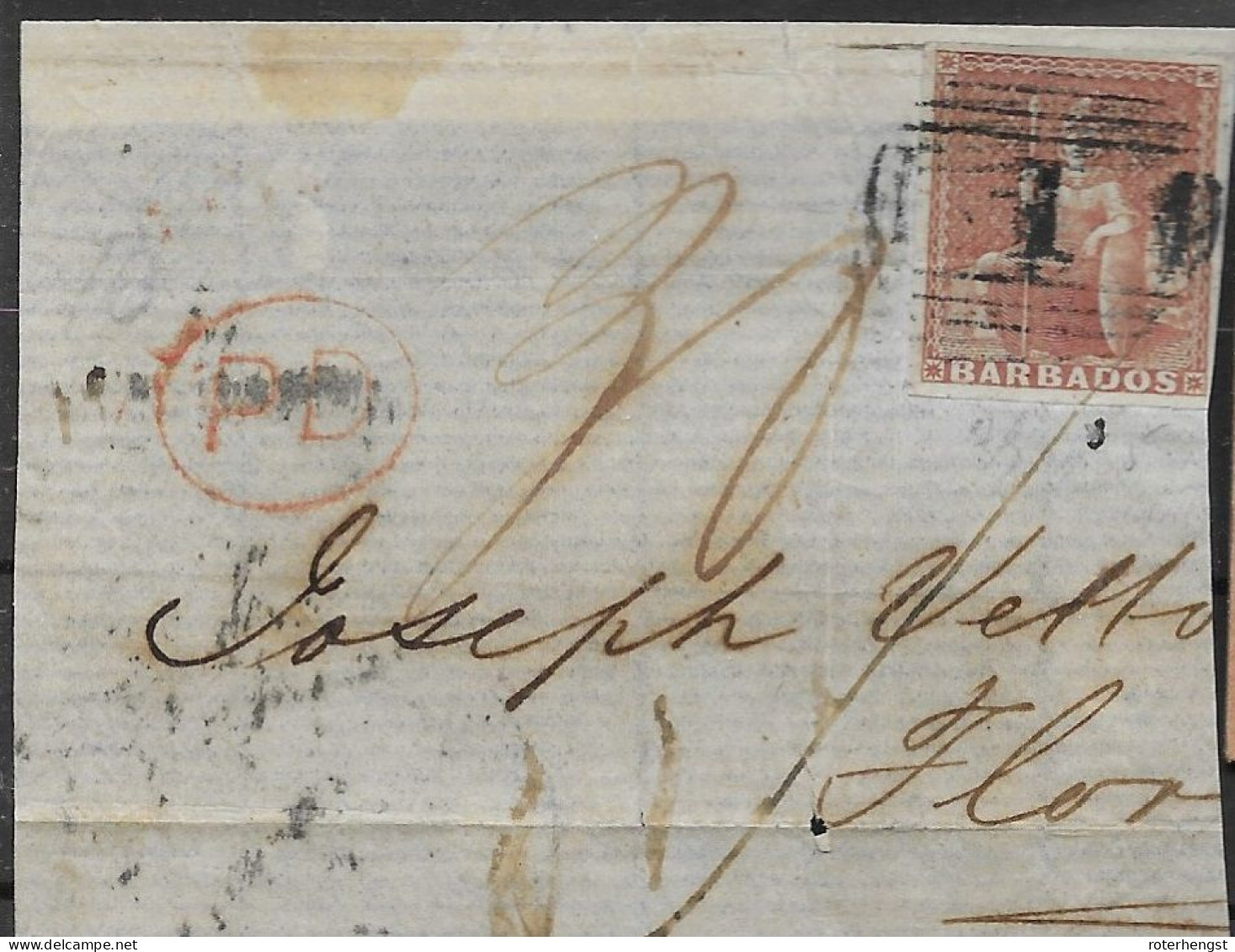 Barbados Frontside From 1855 Letter (single Stamp 450 Euros) Stamp With Full Margins - Barbados (...-1966)