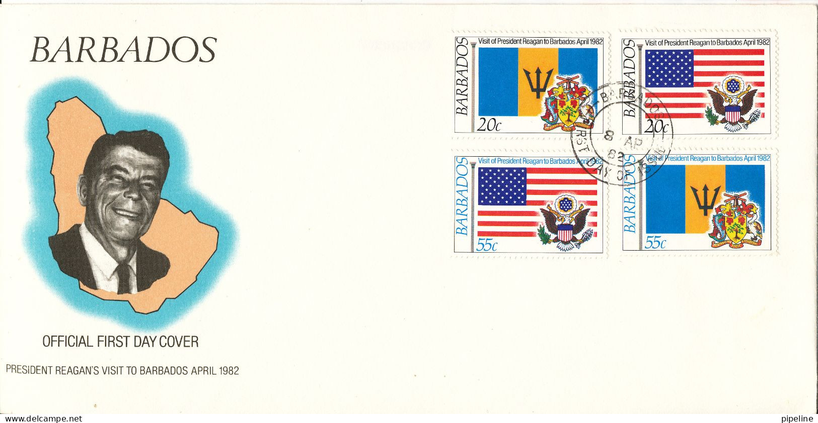 Barbados FDC 8-4-1982 Complete Set Of 4 President Reagan's Visit To Barbados 1982 With Cachet - Barbados (1966-...)