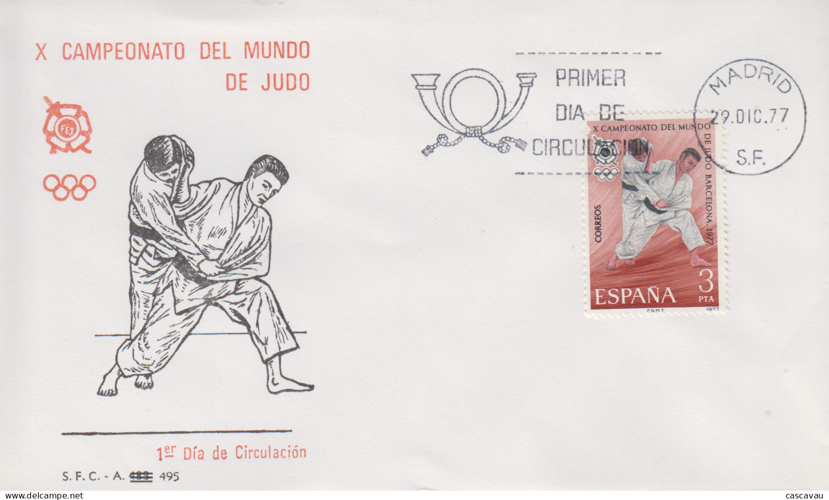 Enveloppe  FDC  1er  Jour    ESPAGNE     Xéme  Championnat  Du  Monde  De  Judo   1977 - Judo