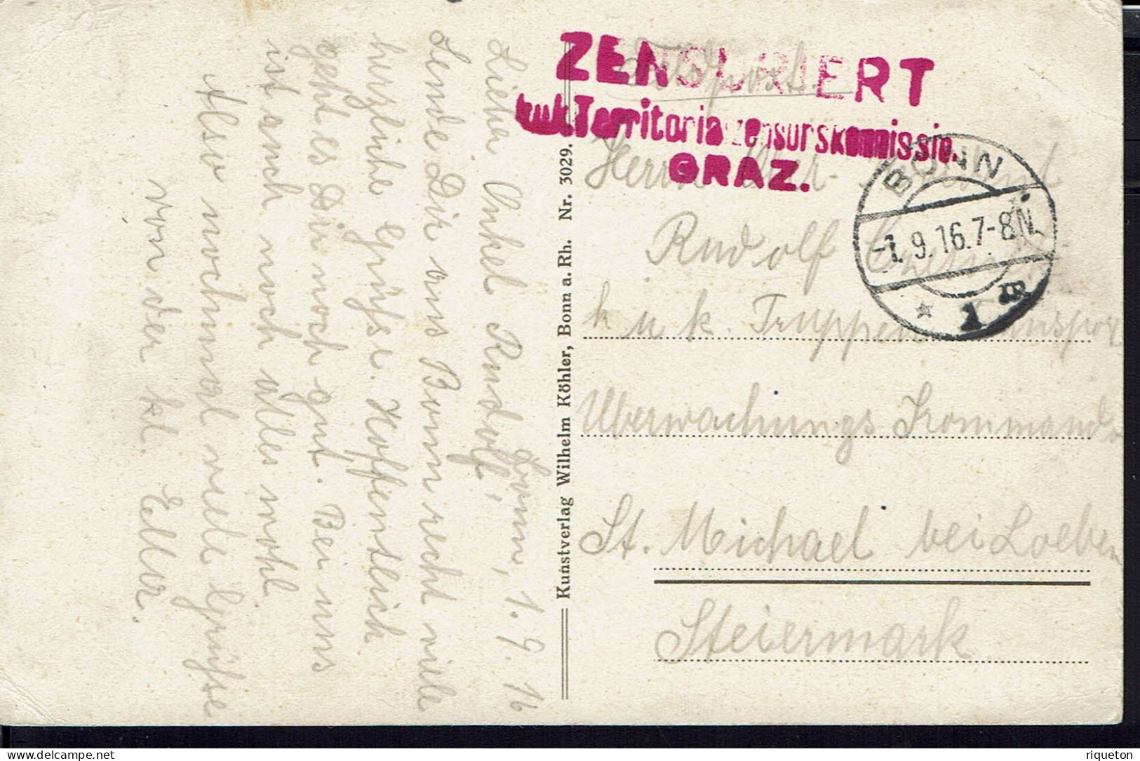 Correspondance De Bonn Sur CPA 1-9-1916 Pour St Michael Id Obersteiermark. Censure Kuk Territoria Sur Kommission De Graz - Autres & Non Classés