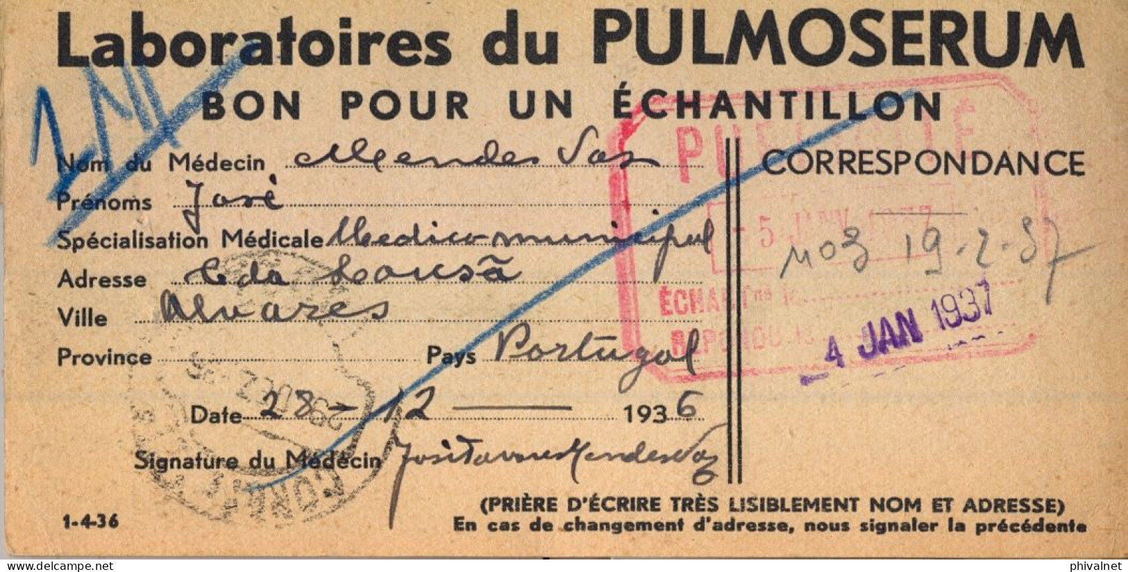 1936 PORTUGAL , ALVARES / PARIS , TARJETA POSTAL " BON POUR UN ÉCHANTILLON " , MEDICINA , LABORATORIO - Lettres & Documents