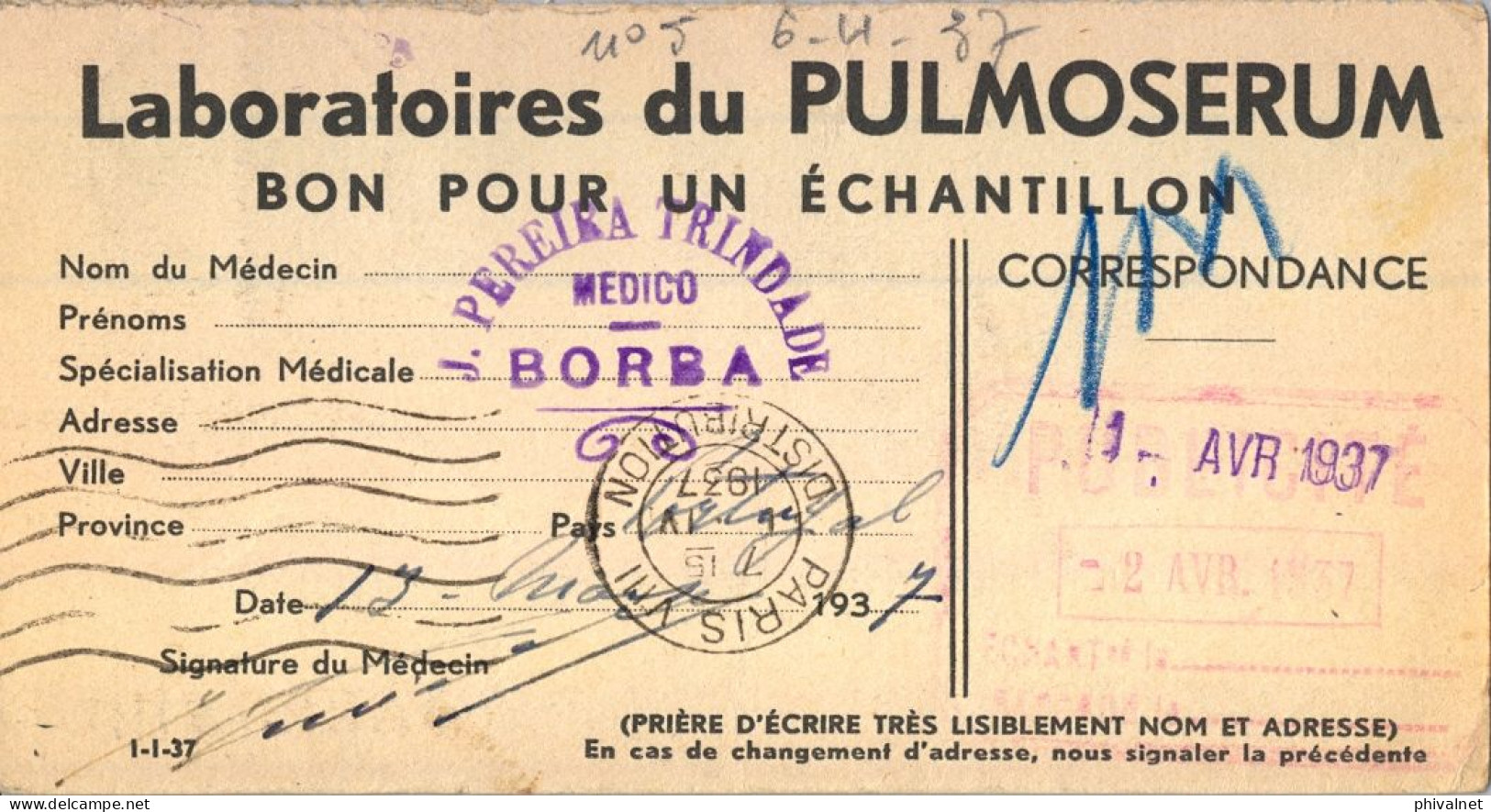 1937 PORTUGAL , BORBA / PARIS , TARJETA POSTAL " BON POUR UN ÉCHANTILLON " , MEDICINA , LABORATORIO - Lettres & Documents