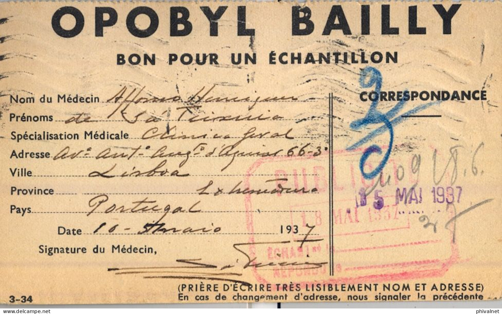 1937 PORTUGAL , LISBOA / PARIS , TARJETA POSTAL " BON POUR UN ÉCHANTILLON " , MEDICINA , LABORATORIO - Lettres & Documents