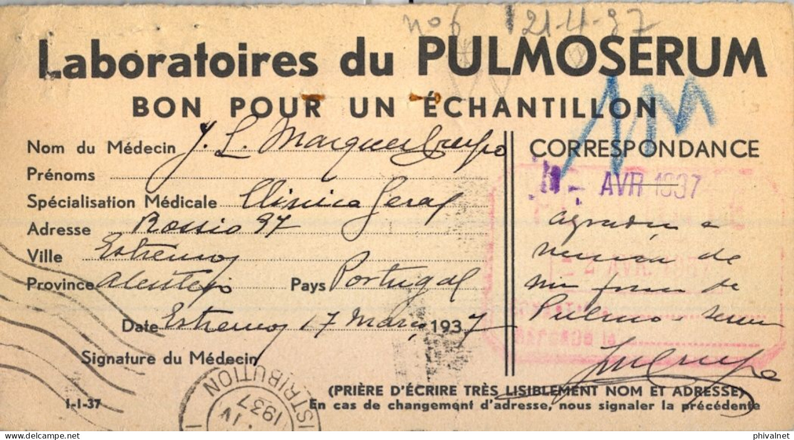 1937 PORTUGAL , ESTREMOZ  / PARIS , TARJETA POSTAL " BON POUR UN ÉCHANTILLON " , MEDICINA , LABORATORIO - Lettres & Documents